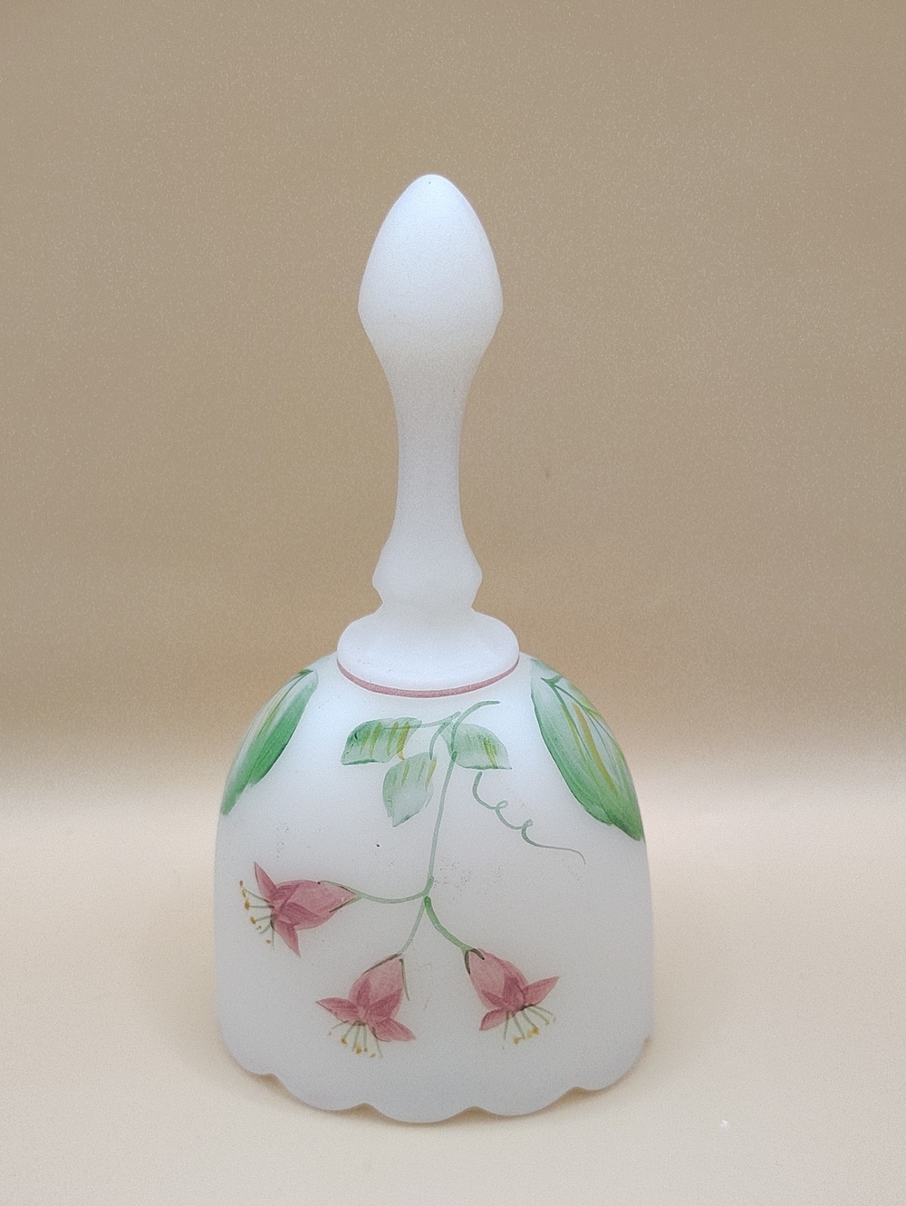 Fenton Bell White Satin Glass - Handpainted Flowers -Signed J Cutshaw